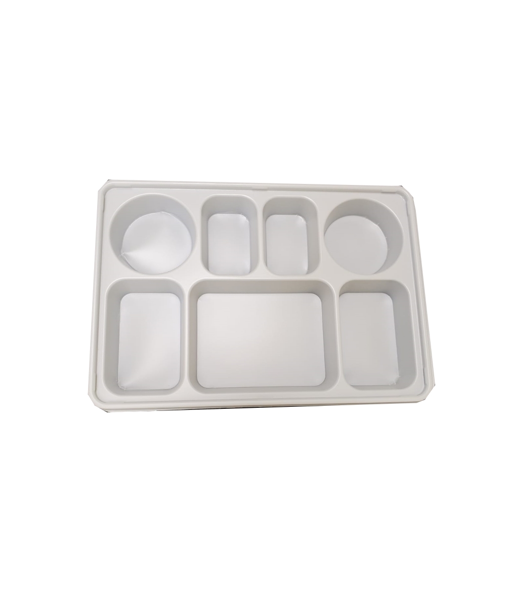 7 Compartment White Disposable Plastic Thali Plates with Lid 100pcs